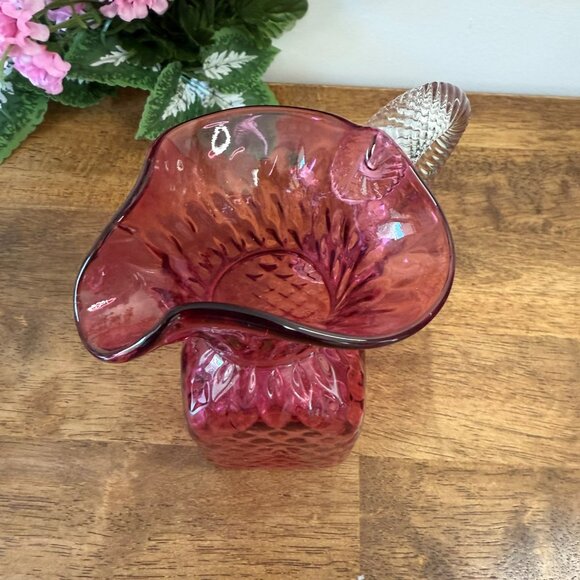 Vintage Cranberry Glass Diamond Thumbprint Pitcher Twisted Clear Handle - Picture 5 of 7